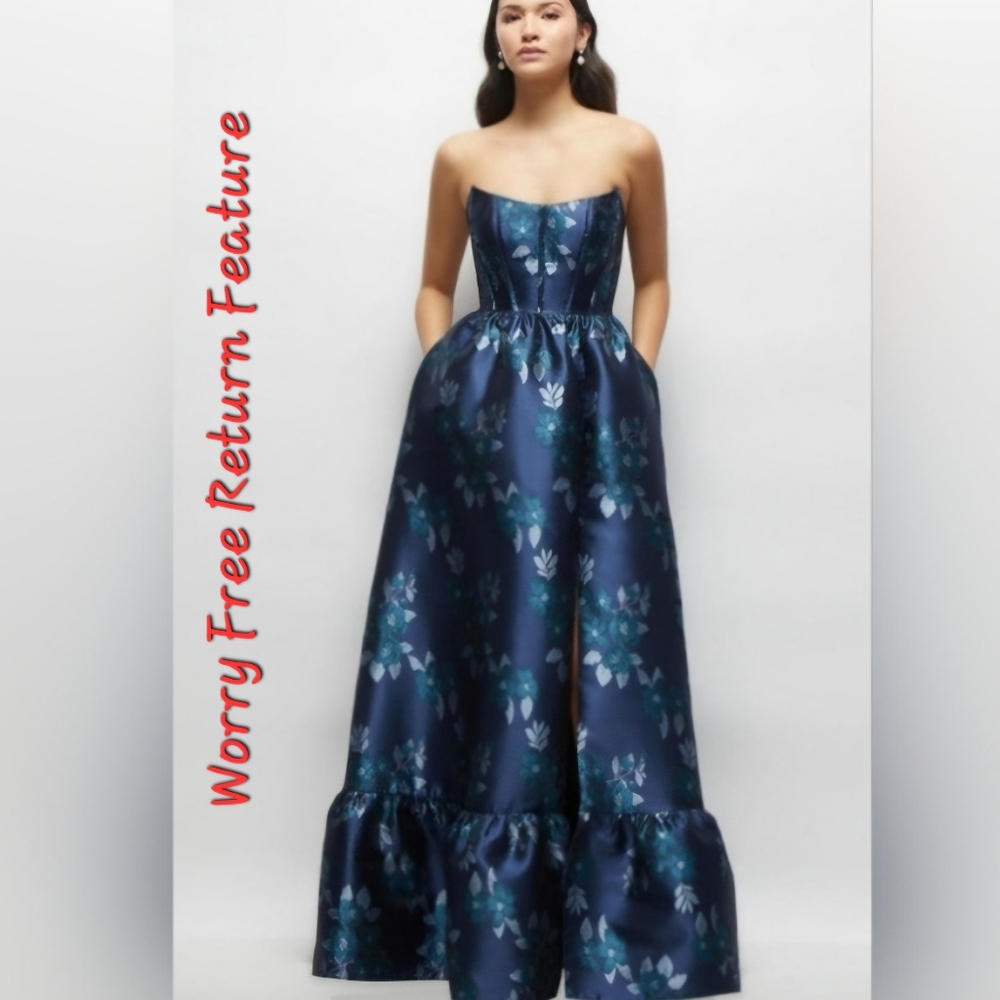 Dessy Collection Midnight Blue Floral Damask Strapless Gown